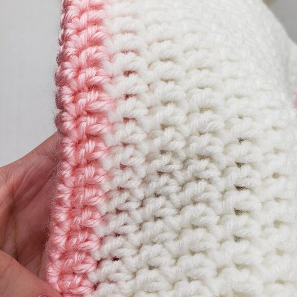 Cat Ear Beanie Crochet Hat White Pink Stripe Handmade Knit Kitty Soft Winter - Picture 14 of 16
